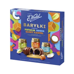 Wedel Baryłki o smakach pistacja, kokos, słony karmel z alkoholem w czekoladzie mlecznej 200g