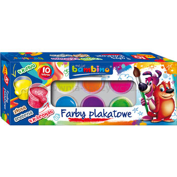 Bambino farby plakatowe 10 kolorów 20 ml (4 x fluo 4 x brokat złota srebrna)