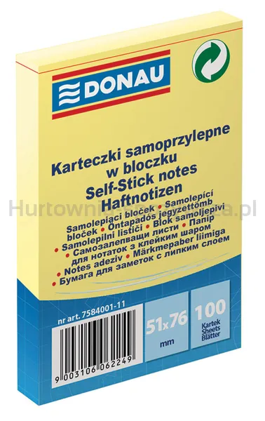 Bloczek Samoprzylepny Donau, 51X76Mm, 1X100 Kart., Jasnożółty