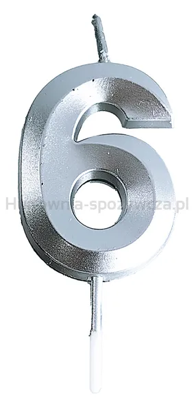 Świeczka PARTY GO, cyfra 6, 4,8cm, srebrna
