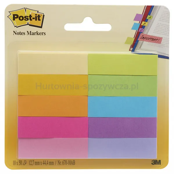 Post-It Zakładki indeksujące (670-10AB), papier, 12,7x44,4mm, 10x50 kart., mix kolorów 