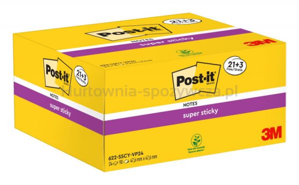Karteczki samoprzylepne Post-it® Super Sticky (622-SSCY-24VP), 47,6x47,6mm, 21x90 kart.+3x90 kart. gratis, żółte - 2