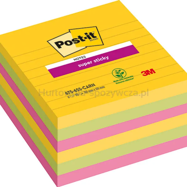 Karteczki Samoprzylepne Post-It® Super Sticky Xl, Carnival, W Linię, 101X101Mm, 6X90 Kart.