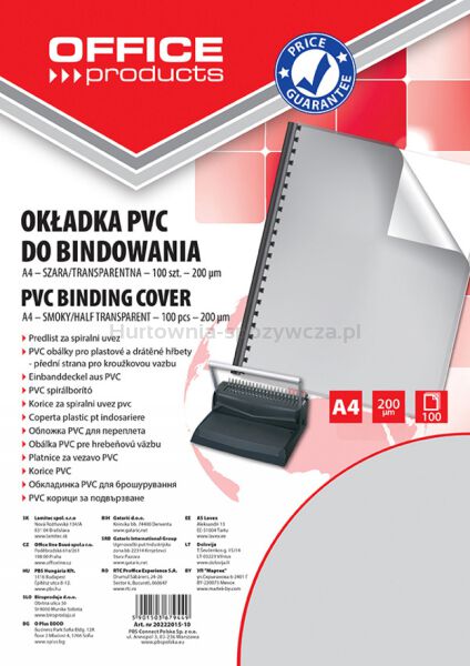 Office Products Okładki do bindowania PVC, A4, 200mikr., 100szt., szare transparentne 