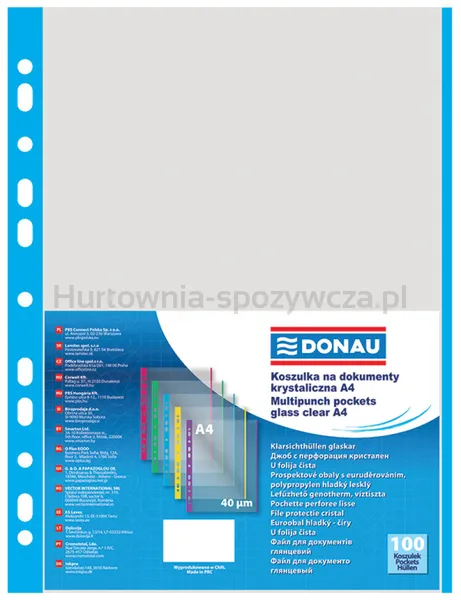Donau Koszulki na dokumentyPP, A4, krystal 40mikr kolorowy brzeg - niebieski, 100szt. 