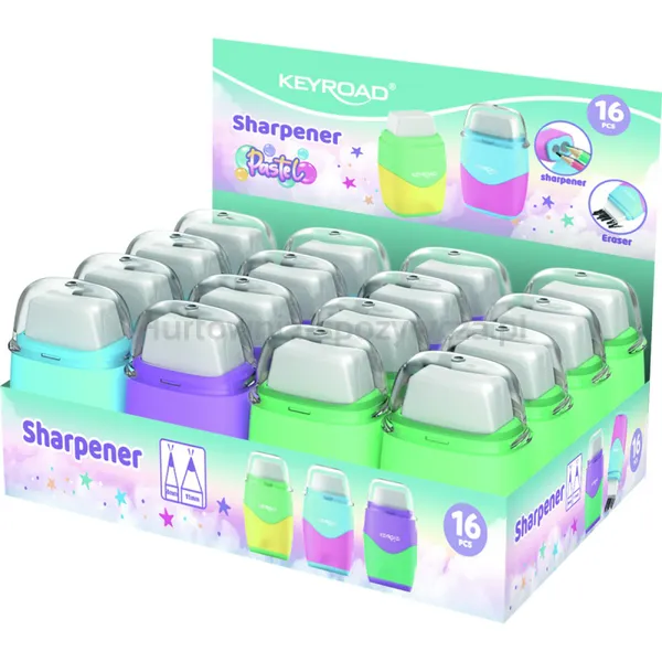 Temperówka plastikowa z gumką KEYROAD, pastel, podwójna, pudełko, mix kolorów