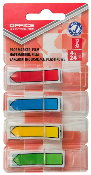 Zakładki indeksujące OFFICE PRODUCTS, PP, strzałka, 12x43mm, 4x24 kart., blister, mix kolorów