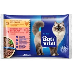 Optivital Saszetki - Pełnoporcjowa Karma Dla Dorosłych Kotów. Z Kurczakiem I Łososiem 4X85G