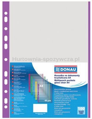 Donau Koszulki na dokumentyPP, A4, krystal 40mikr kolorowy brzeg - fioletowy, 100szt. [BIURO]