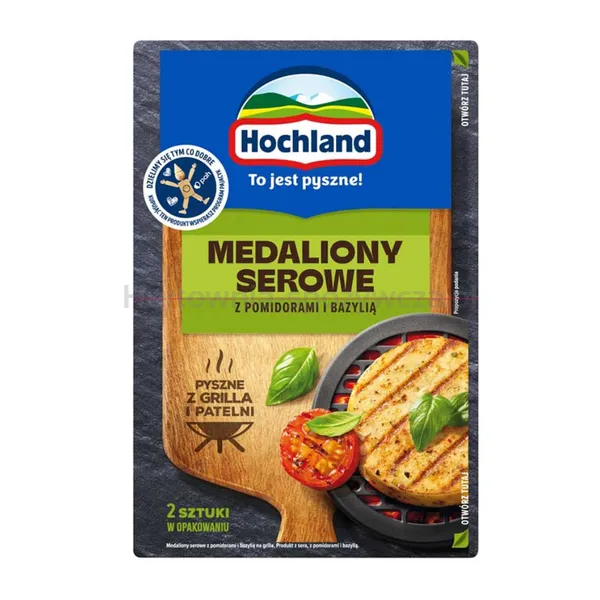 Hochland Grillowy. Medaliony serowe z pomidorami i bazylią na grilla. 2 x 60 g
