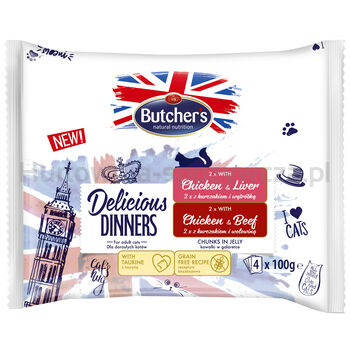 Butcher’S Delicious Dinners Cat 2X Z Kurczakiem I Wątróbką 2X Z Kurczakiem I Wołowiną Kawałki W Galaretce 4X100G