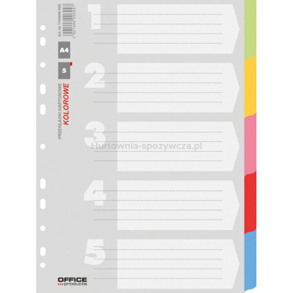 Office Products Przekładki karton, A4, 223x297mm, 5 kart, mix kolorów 