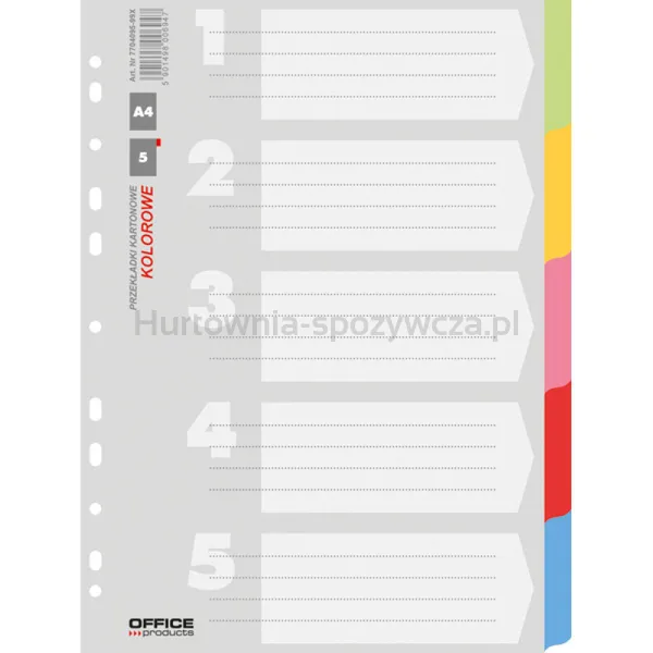 Przekładki OFFICE PRODUCTS, karton, A4, 223x297mm, 5 kart, mix kolorów