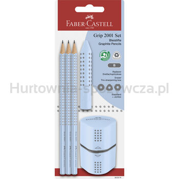 Faber-Castell Zestaw ołówek 3szt + gumka + temperówka Grip 2001 błękitny