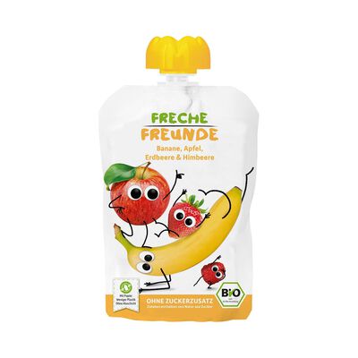 Freche Freunde  Mus Banan - Jabłko - Truskawka - Malina Bez Dodatku Cukrów Bezglutenowy Od 6 Miesiąca Bio 100 G - Freche Freunde [BIO]