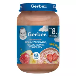 Gerber Makaron z truskawkami, jabłkami, bananami i twarożkiem 190g