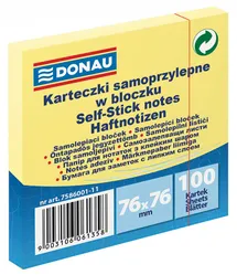 Bloczek Samoprzylepny Donau, 76X76Mm, 1X100 Kart., Jasnożółty